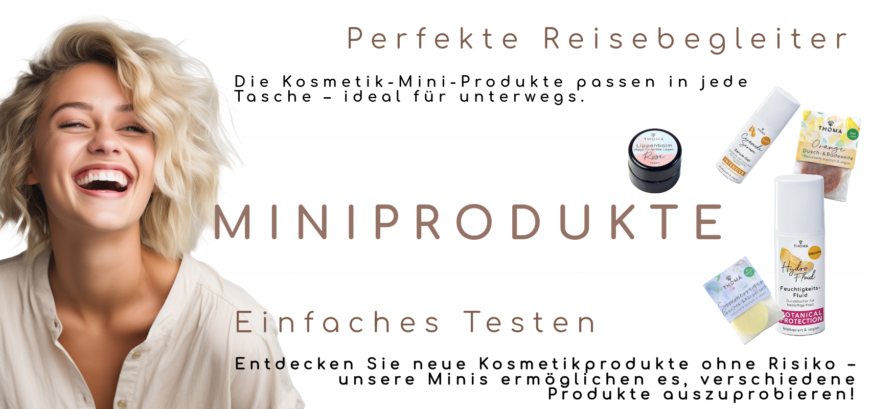 Lachende Frau mit Miniprodukten